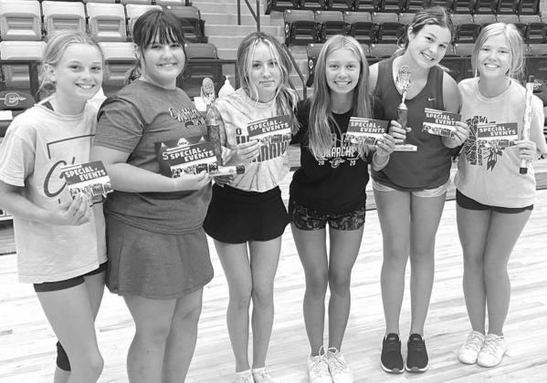 CHEER TIME – Okarche junior high and high school cheerleaders who recently took part in a camp (pictured above left) include, from left: front row, Bella Irwin, Sara Jacobs, McKenna Sadler, Elle Schroeder, Shayne Howard and Zara McDaniels; middle row, A 6 Okarche cheerleaders named All-American at camp
