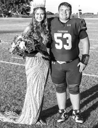 CASHION ROYALTY - Cashion senior Adilee Jerry was crowned homecoming queen and Matthew Stockton the king last Friday prior to their team’s 35-12 win over Merritt. Stockton had two tackles in the game while Jerry kicked fi ve extra-points for the Wildcats. [Photo by Brad Stone/www.bestone.shootproof.com]