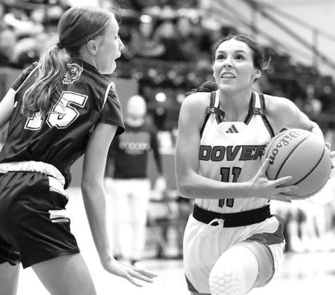 RYLEE BUCK drives to the basket against Pond Creek-Hunter. Buck was crowned homecoming queen, then scored 11 points in Dover’s win over the Panthers. [Photo by Russell Stitt/www.stitt.smugmug.com]