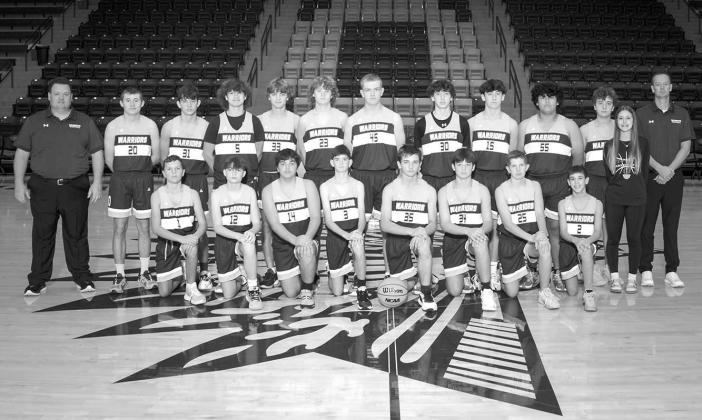 OKARCHE WARRIORS - Members of the 2023-24 Okarche junior high boys basketball team include, from left: front row, Wyatt Gangl, Ayden Munier, Weston Moore, Court Sumrall, Colton Wright, Jacob Henderson, Grady Krittenbrink, Canon Rother; and back row, coach OKARCHE JUNIOR HIGH