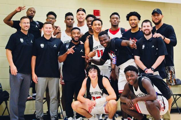 TEAM GRIFFIN members pose after winning the Nike EYBL Peach Jam last Sunday in Atlanta. Among those on the team was Kingfisher’s Bijan Cortes (kneeling in the front, on the left), who will be a junior this fall. The star-studded basketball team is suppo Article Image Alt Text