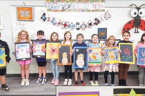 ON DISPLAY – First graders in Melba McLain’s art classes at Gilmour Elementary School who were selected to display their art at this year’s Kingfisher County Fine Arts Festival. They included, from left, Jaxxyn Stasser, Emma Dennington, Luxton Crum,