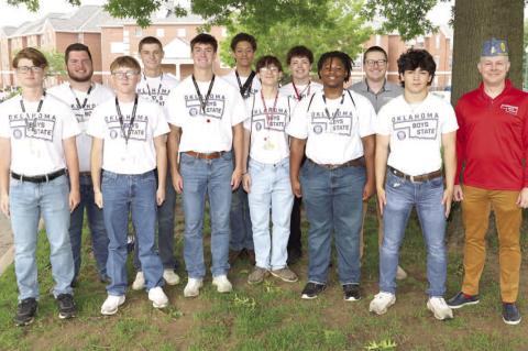 KINGFISHER’S CONTINGENT of Oklahoma Boys State delegates totaled 10 in 2025. Pictured with Director Corey Brooks (far right) and Band Director Dawson Leffingwell (third from right and also from Kingfisher) are, from left: Cooper Young, Josh Finley, Jere