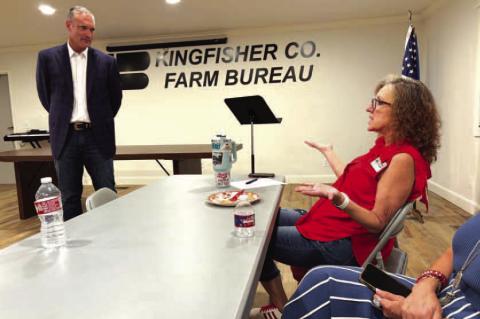 Former state Speaker of the House Charles McCall (left) was a guest Monday of the Kingfisher County Republican Women. The group is hosting several candidates during a series of meetings that began last month and extends through November. McCall, who is li