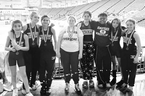 JUNIOR HIGH ALL-STATE – Kingfisher’s girls took part Thursday in the 50th annual Junior High All-State Wrestling Tournament at State Fair Arena in Oklahoma City. Several of them earned medals at the event. In the middle school division, Sophie Ellis w