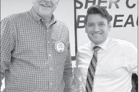 LIONS CLUB – Jamie Mata, analyst for Oklahoma Attorney General Gentner Drummond, right, was the featured speaker of the Kingfisher Lions Club last Thursday. Mata said his job as analyst is to review suspected workers’ compensation insurance fraud and 