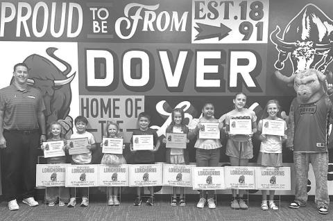 DOVER ELEMENTARY recently announced its Students of the Month for August 2025. Pictured with Principal Jared Reese are, from left: Iris Matthews, pre-k; Cristofer Vitales, kindergarten; Miriam Houston, first grade; Noah Ince, second grade; Olivia Morris, 