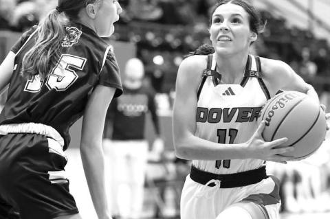 RYLEE BUCK drives to the basket against Pond Creek-Hunter. Buck was crowned homecoming queen, then scored 11 points in Dover’s win over the Panthers. [Photo by Russell Stitt/www.stitt.smugmug.com]