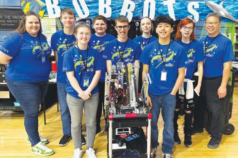 BOB-BOTS – Members of the Kingfisher High School robotics team include, from left: front row, Savana Reherman, Raiden Clarke and Josue Garcia; and back row, Coach Melody Kuehn, Finley Harrison, Will Finley, Audrey Long, Audrey Heckman and Coach Kurt Kay